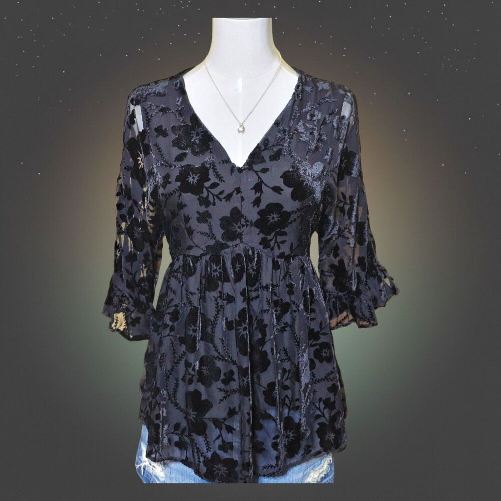 DR2 Women's S Burnout Velvet Floral Peplum Blouse Black Sheer Boho